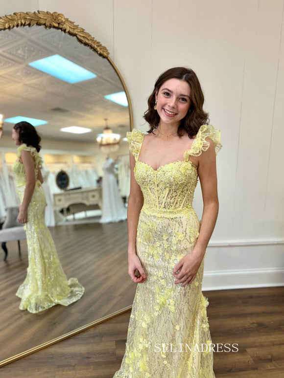 Mermaid Straps Sweetheart Yellow Lace Long Prom Dress SEW1151|Selinadress