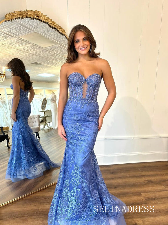Mermaid Sweetheart Applique Lace Blue Long Prom Dress lpk938|Selinadress