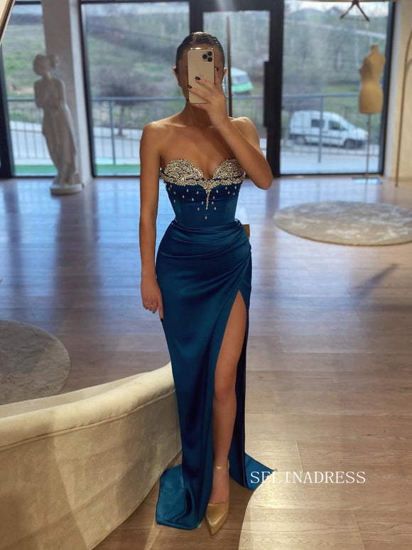 Mermaid Sweetheart Blue Long Prom Dress Evening Dress With Slit SEW1129|Selinadress