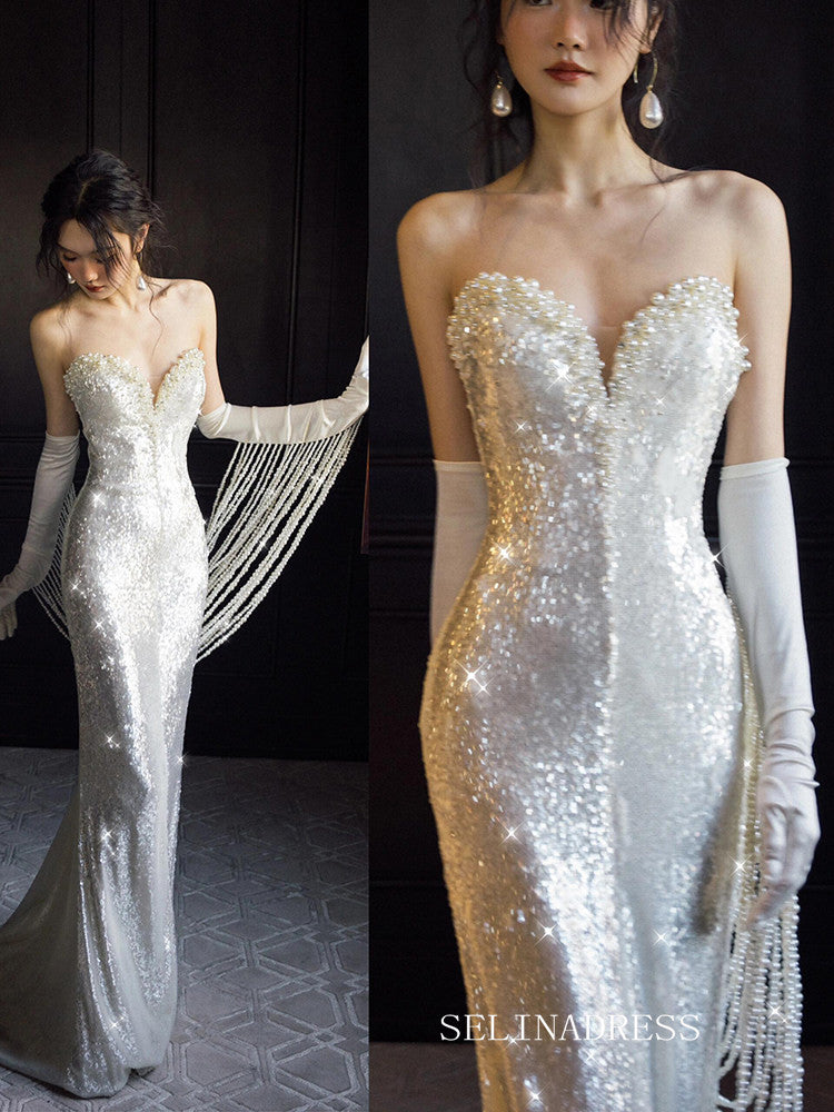 Mermaid Sweetheart White Sequins Long Prom Dresses Evening Dresses YY005|Selinadress