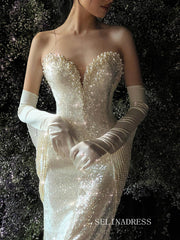 Mermaid Sweetheart White Sequins Long Prom Dresses Evening Dresses YY005|Selinadress