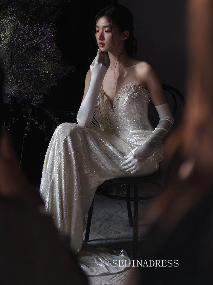 Mermaid Sweetheart White Sequins Long Prom Dresses Evening Dresses YY005|Selinadress
