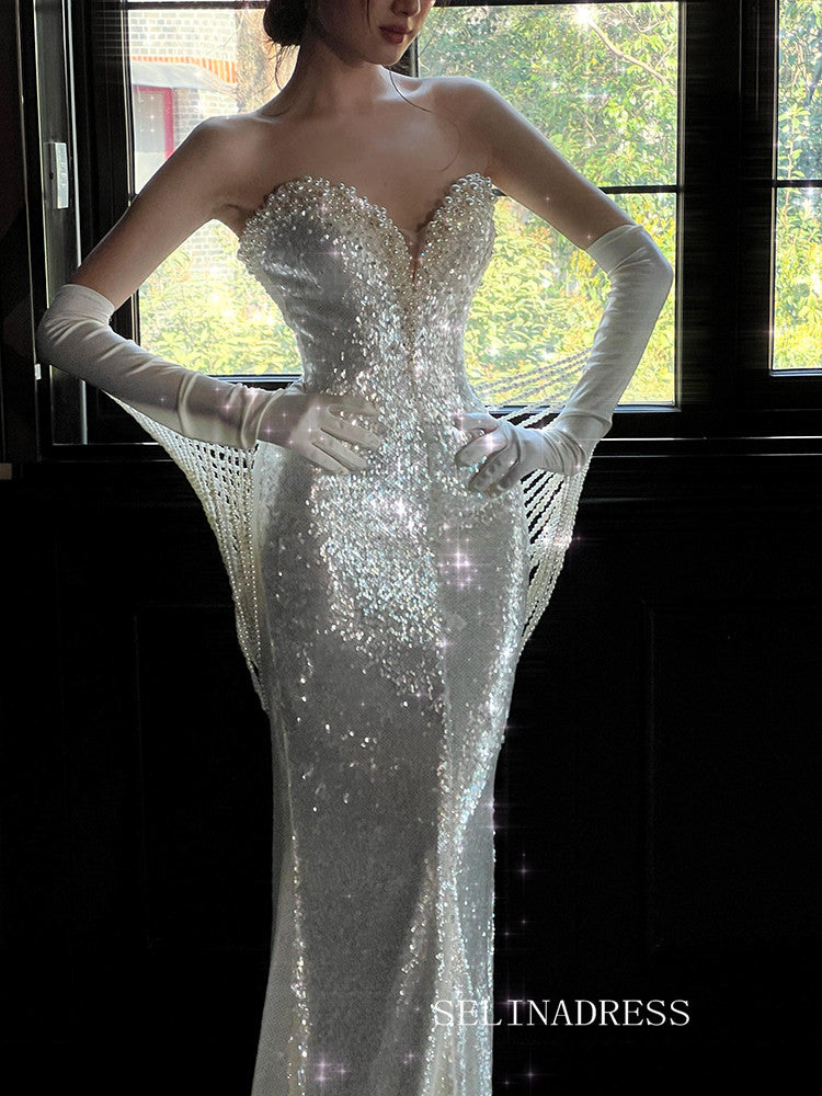 Mermaid Sweetheart White Sequins Long Prom Dresses Evening Dresses YY005|Selinadress