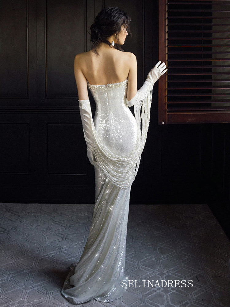 Mermaid Sweetheart White Sequins Long Prom Dresses Evening Dresses YY005|Selinadress