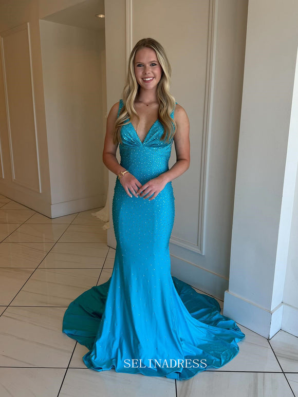 Mermaid V neck Blue Sparkly Long Prom Dress Evening Dress sew1096|Selinadress