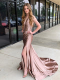 Mermaid V neck Cheap Long Prom Dress Evening Dress With Slit SEW1134|Selinadress
