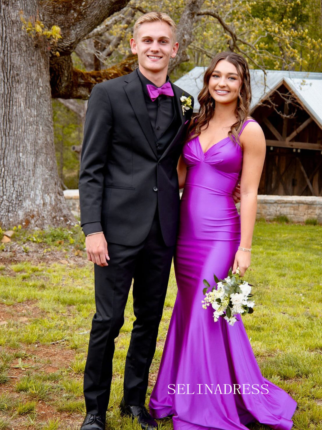 Mermaid V neck Cheap Long Prom Dress Purple Formal Dress SQW035|Selinadress
