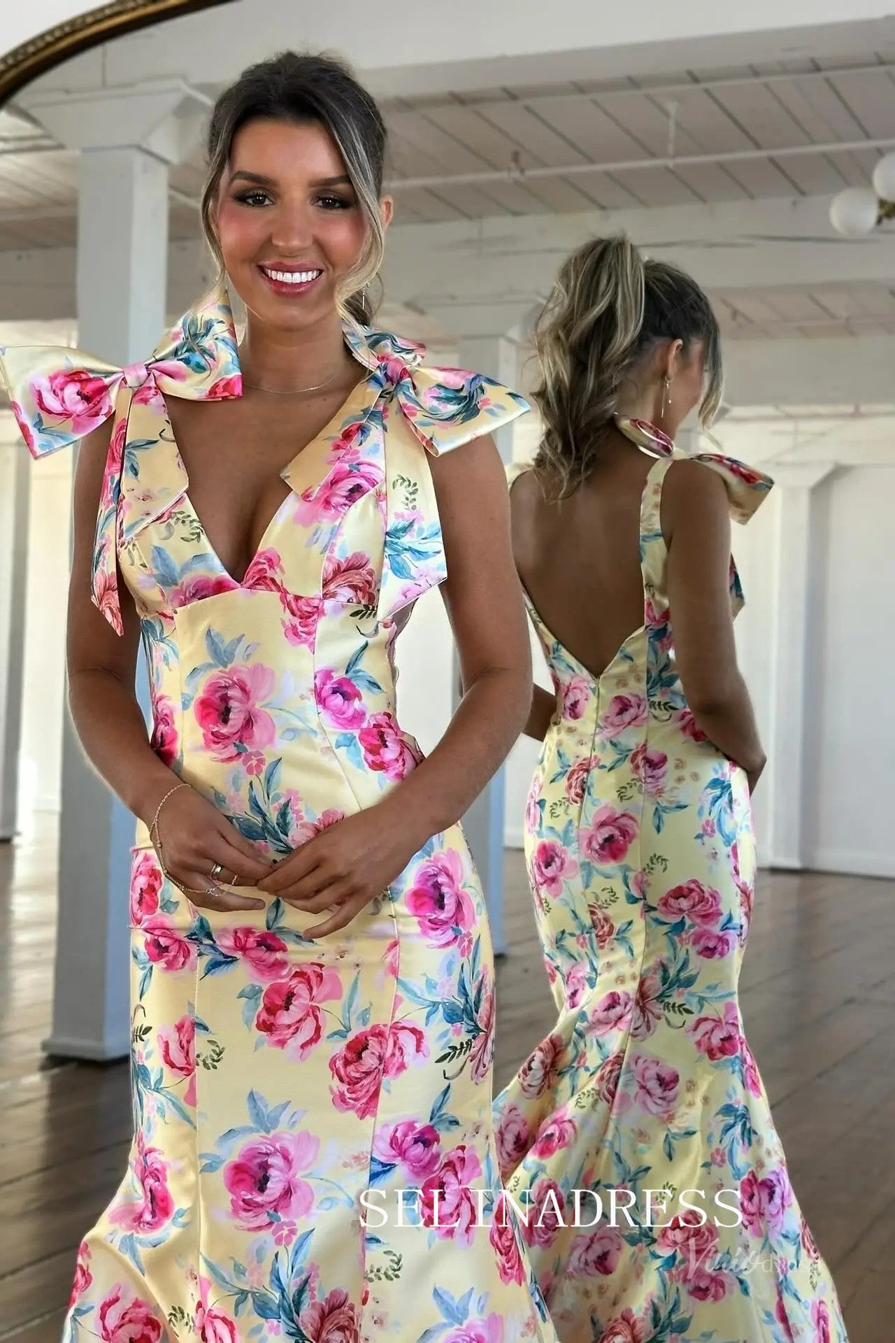 Mermaid V neck Long Prom Dresses With Floral Evening Dresses SEA061|Selinadress