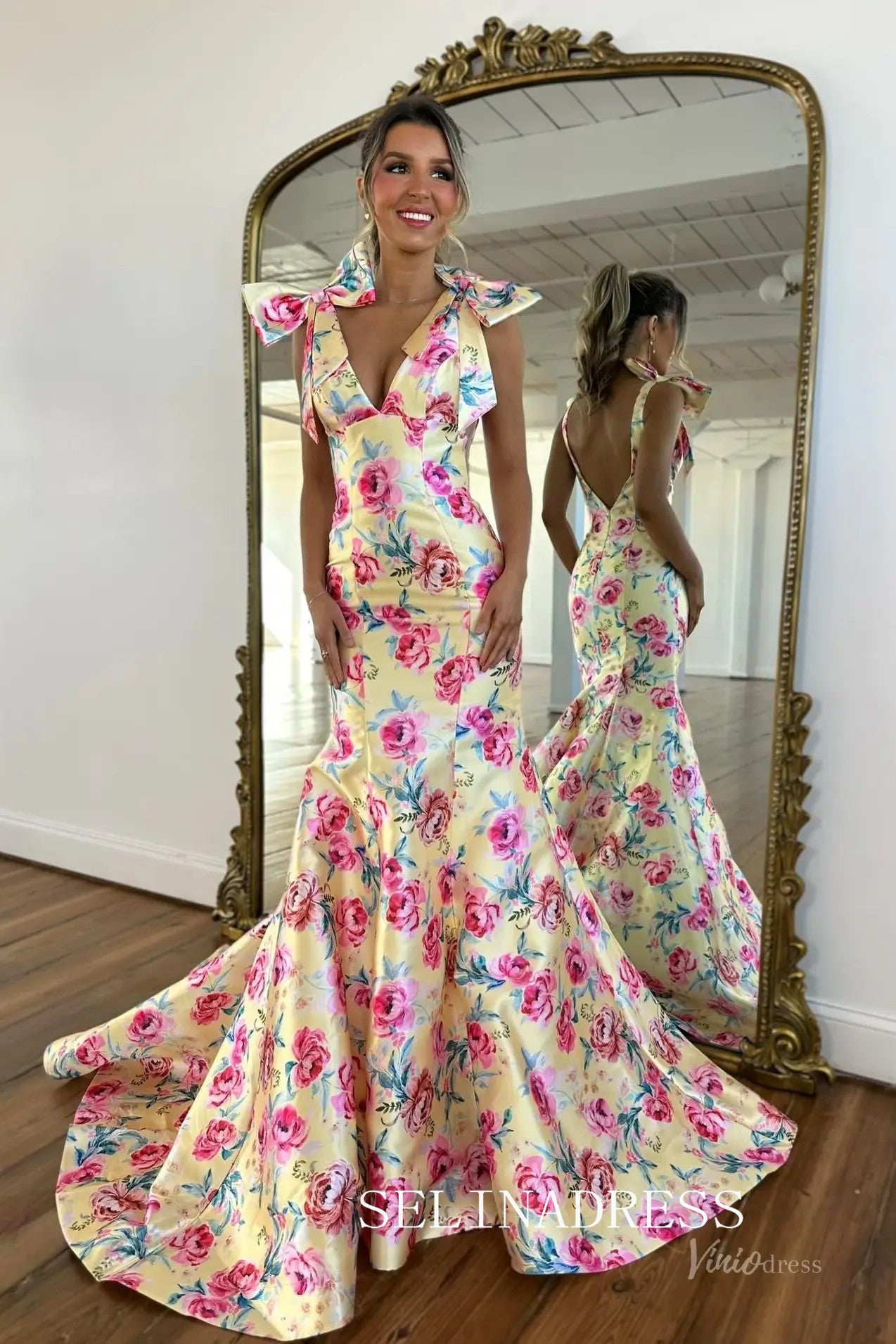 Mermaid V neck Long Prom Dresses With Floral Evening Dresses SEA061|Selinadress