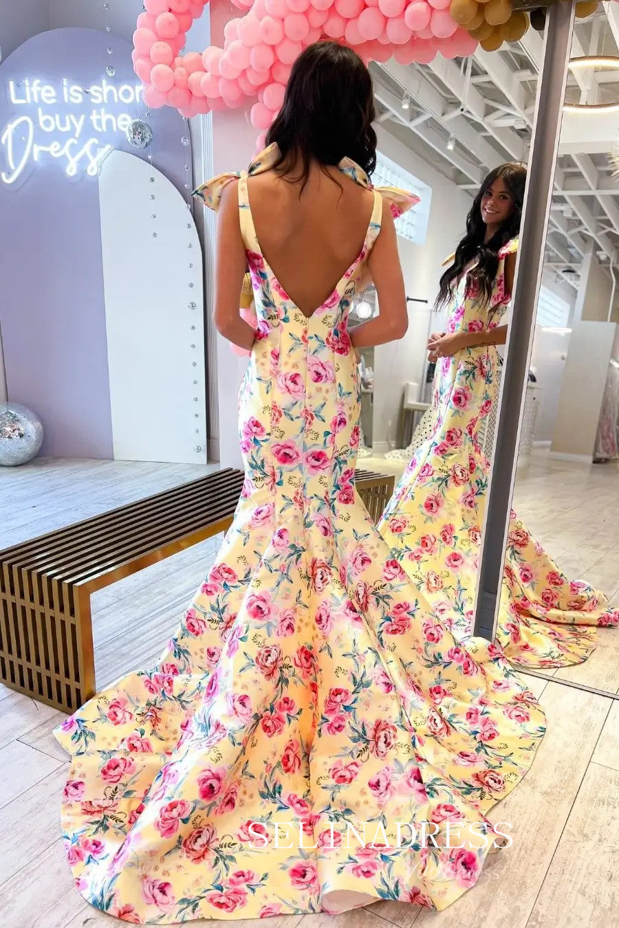 Mermaid V neck Long Prom Dresses With Floral Evening Dresses SEA061|Selinadress