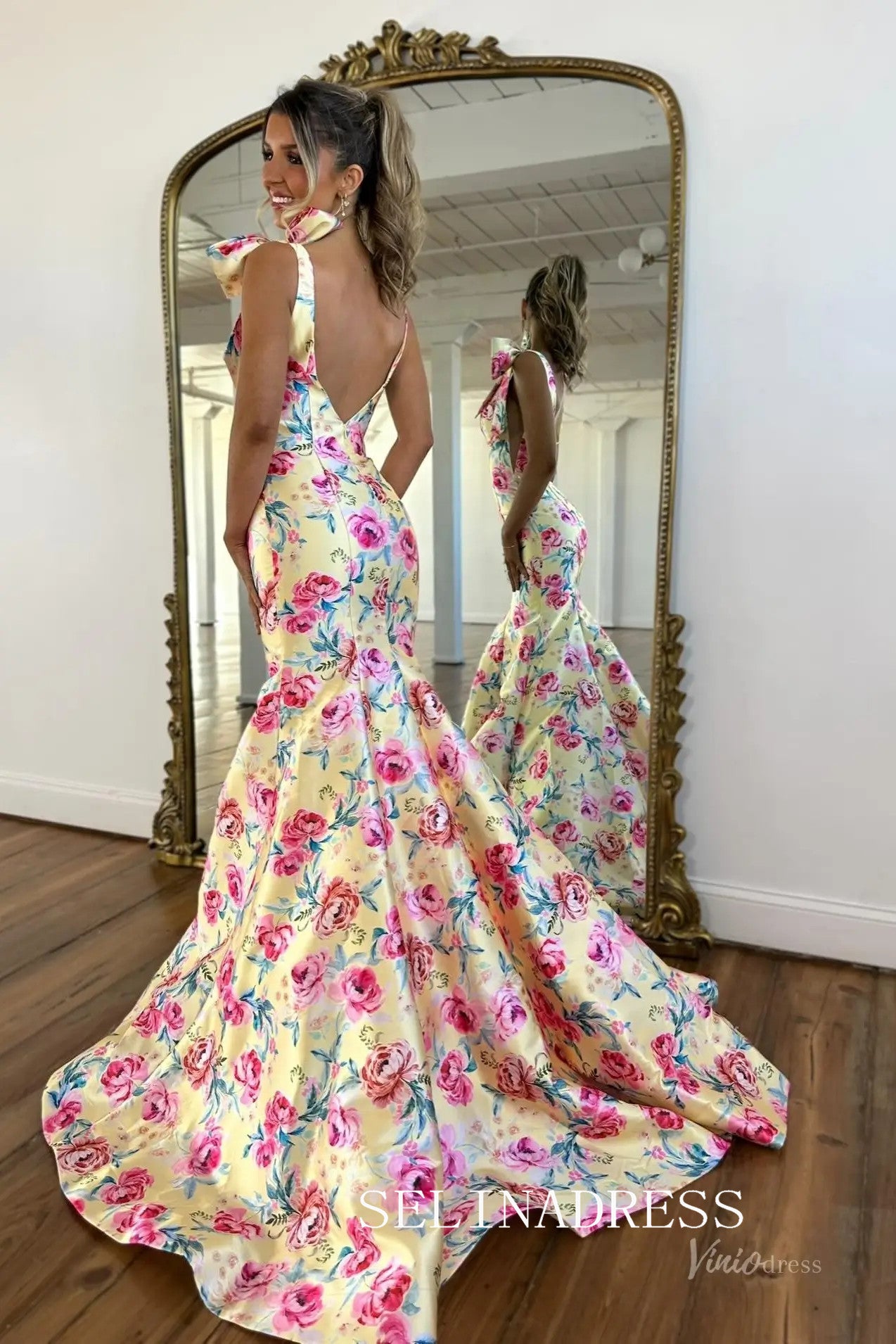Mermaid V neck Long Prom Dresses With Floral Evening Dresses SEA061|Selinadress