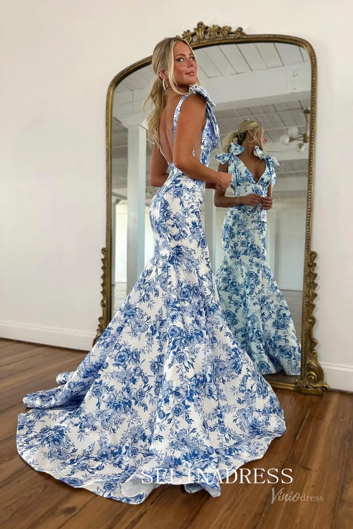 Mermaid V neck Long Prom Dresses With Floral Evening Dresses SEA061|Selinadress