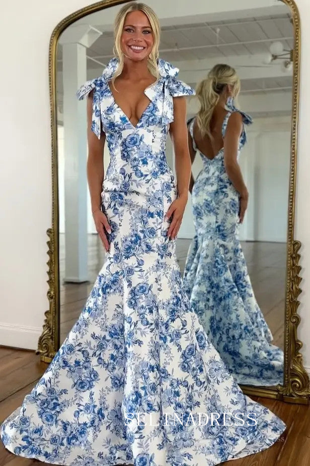 Mermaid V neck Long Prom Dresses With Floral Evening Dresses SEA061|Selinadress