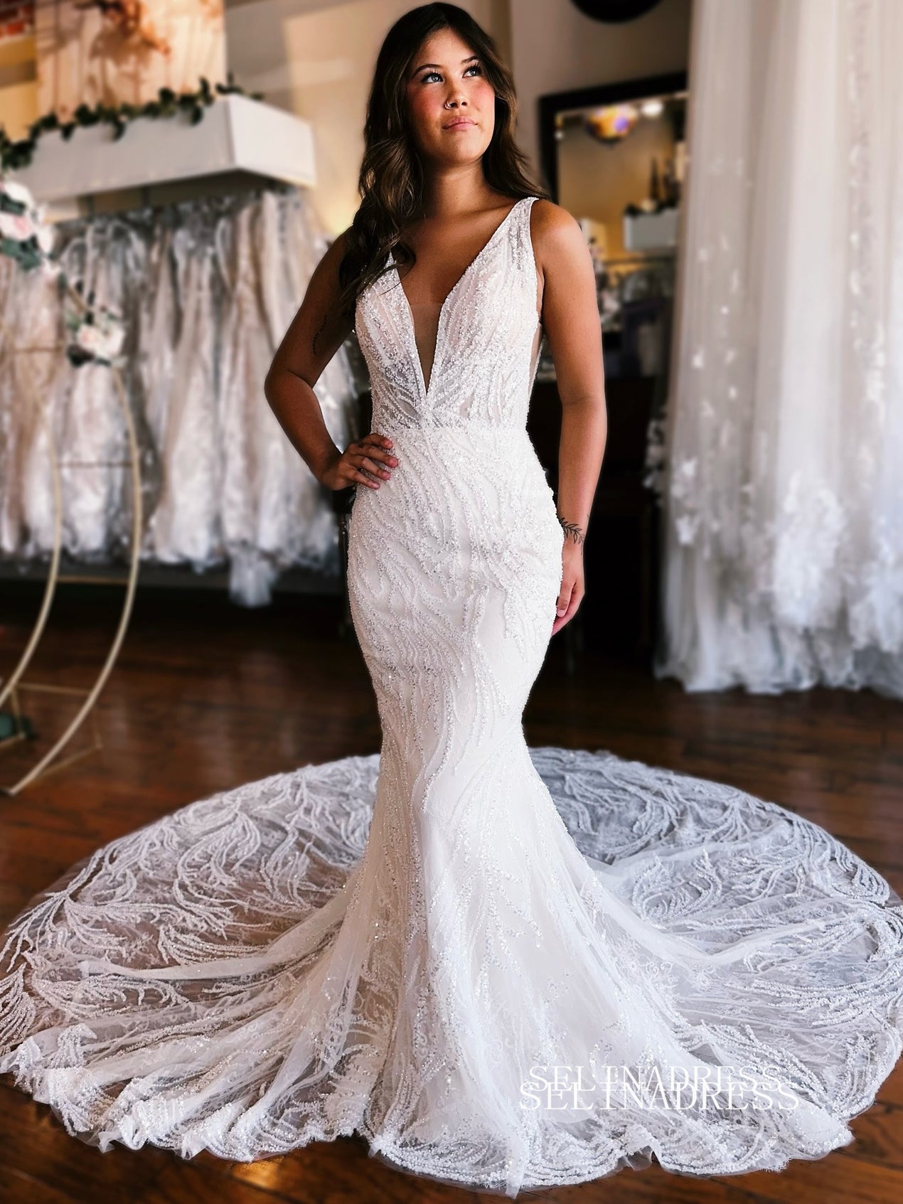 mermaid prom dresses Navy Blue Satin Mermaid Deep V-neck Prom Dresses With Lace Appliques, MP954