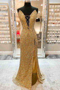 Mermiad Gold V Neck Sequins Lace-Up Front Slit Long Prom Dress Evening Dresses #jkw051