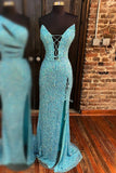 Mermiad Gold V Neck Sequins Lace-Up Front Slit Long Prom Dress Evening Dresses #jkw051