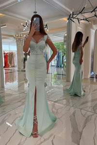 Mint Green Satin Mermaid Prom Dress Front Split Sweetheart Sequins Long Evening Party Dress #SEK192|Selinadress