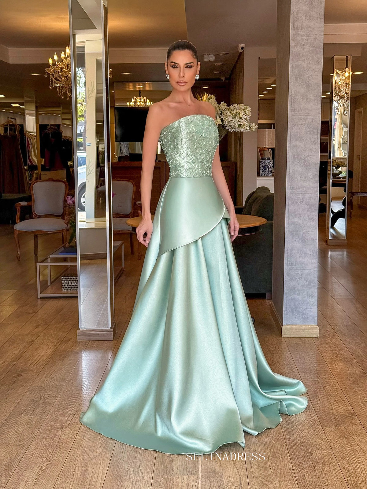 Mint Green Strapless A-line Long Prom Dress Evening Dress With Beading TKL611|Selinadress