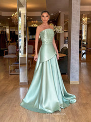 Mint Green Strapless A-line Long Prom Dress Evening Dress With Beading TKL611|Selinadress
