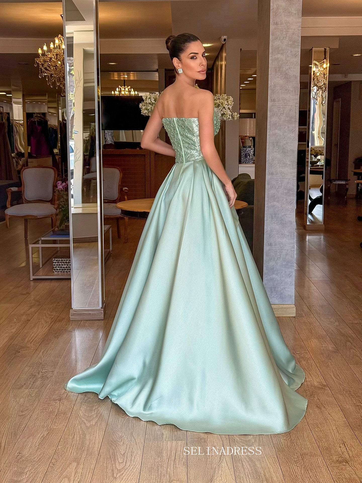 Mint Green Strapless A-line Long Prom Dress Evening Dress With Beading TKL611|Selinadress