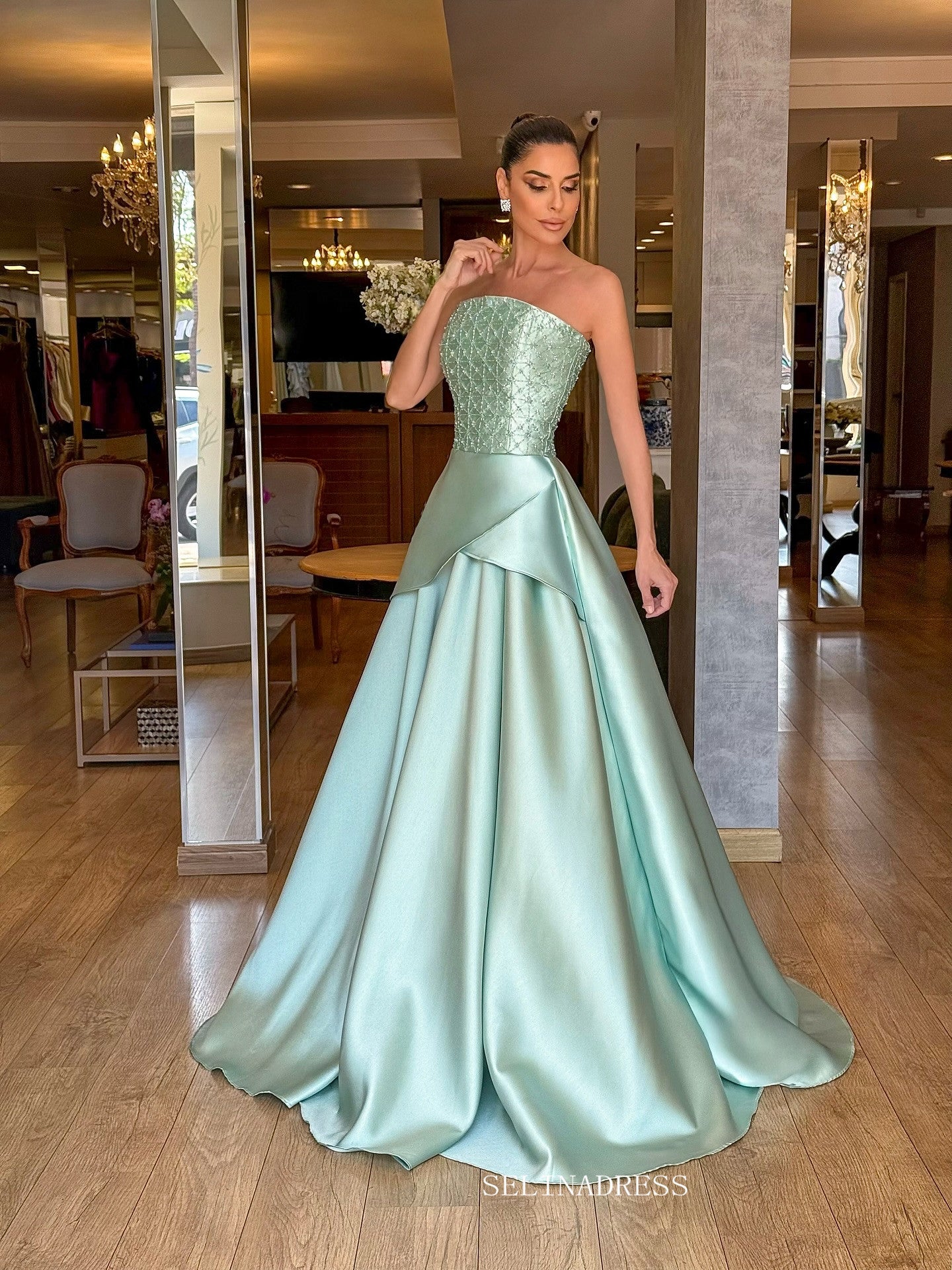 Mint Green Strapless A-line Long Prom Dress Evening Dress With Beading TKL611 Mint Green Strapless A-line Long Prom Dress Evening Dress With Beading TKL611