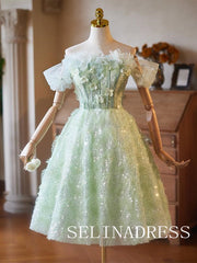 Mint Tulle Off-the-shoulder Sequins Cocktail Dress Cute Homecoming Dresses #ABC004|Selinadress