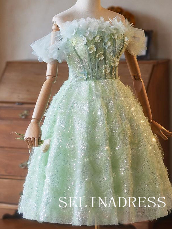 Mint Tulle Off-the-shoulder Sequins Cocktail Dress Cute Homecoming Dresses #ABC004|Selinadress