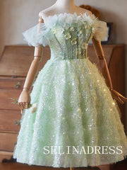 Mint Tulle Off-the-shoulder Sequins Cocktail Dress Cute Homecoming Dresses #ABC004|Selinadress
