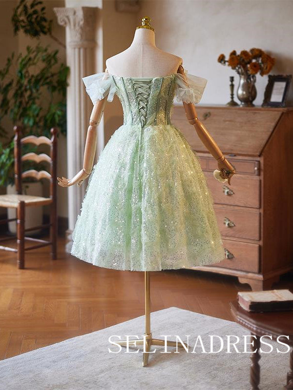 Mint Tulle Off-the-shoulder Sequins Cocktail Dress Cute Homecoming Dresses #ABC004|Selinadress