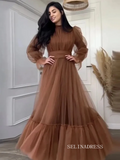 Modest Saudi Arabia Prom Dresses Ankle Length Tulle Puffy Long Sleeves Women Formal Evening Party Gowns SEW03592|Selinadress