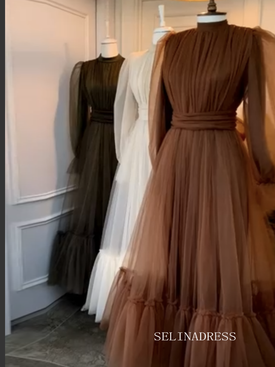 Modest Saudi Arabia Prom Dresses Ankle Length Tulle Puffy Long Sleeves SELINADRESS Modest Saudi Arabia Prom Dresses Ankle Length Tulle Puffy Long Sleeves SELINADRESS