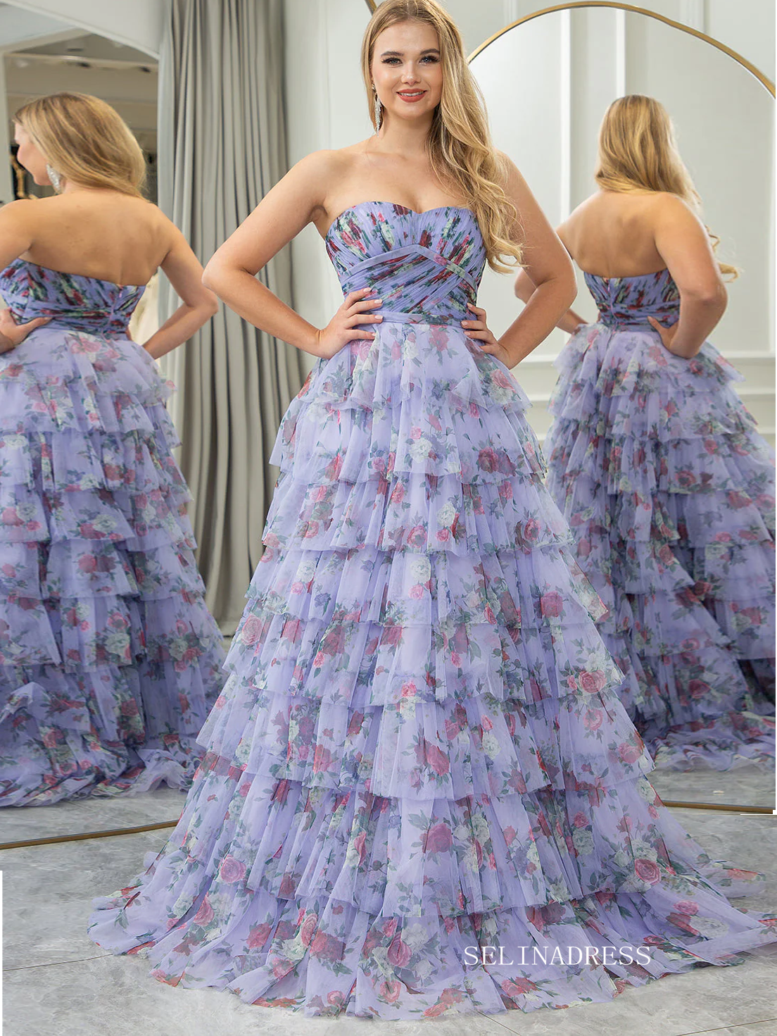 Off Shoulder A-line Blue Ruched Tiered Floral Blue Long Prom Dress lps SELINADRESS Off Shoulder A-line Blue Ruched Tiered Floral Blue Long Prom Dress lps SELINADRESS