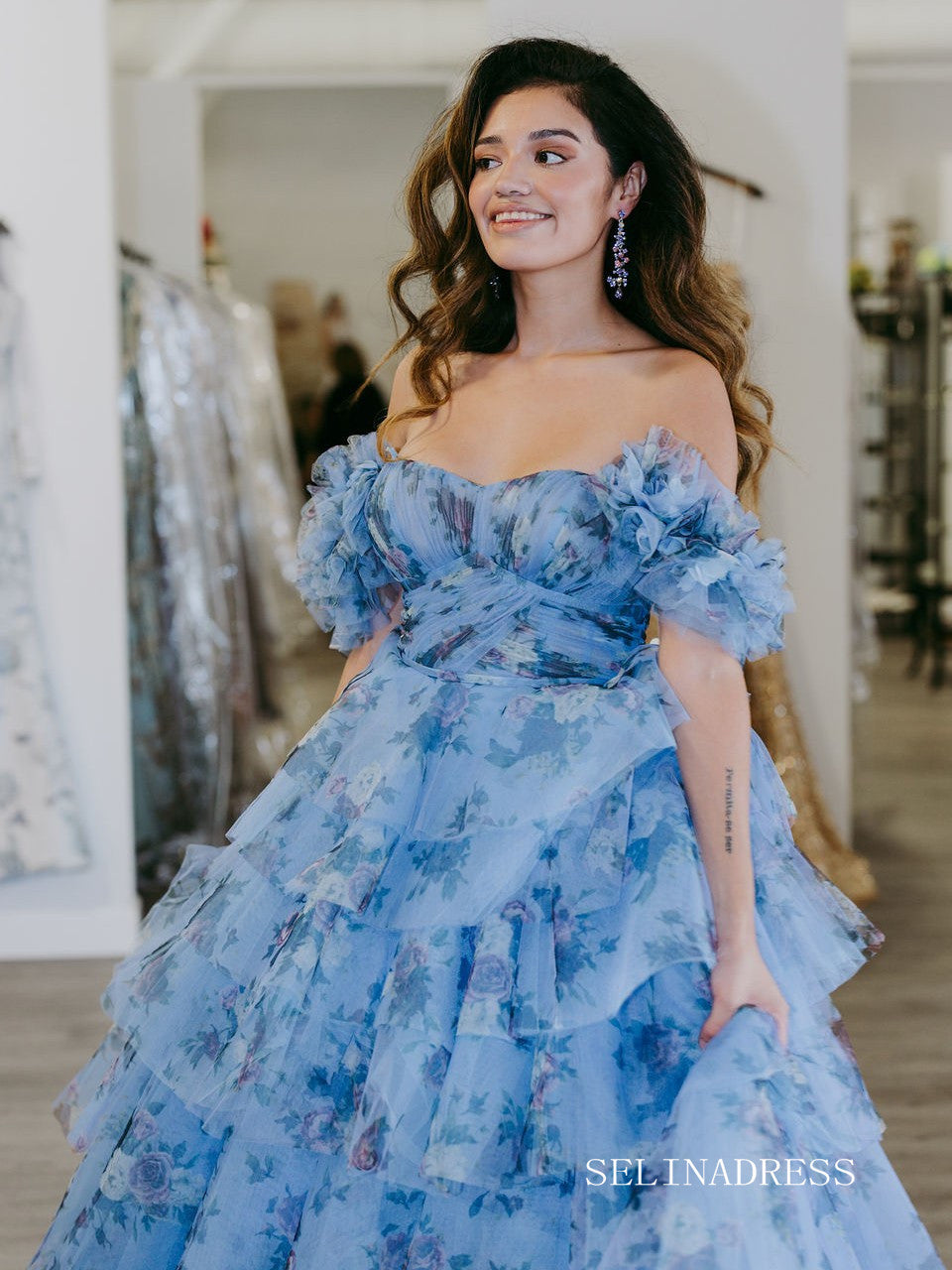 Off Shoulder A-line Blue Ruched Tiered Floral Blue Long Prom Dress lps SELINADRESS Off Shoulder A-line Blue Ruched Tiered Floral Blue Long Prom Dress lps SELINADRESS