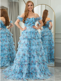 Off Shoulder A-line Blue Ruched Tiered Floral Blue Long Prom Dress lps008|Selinadress