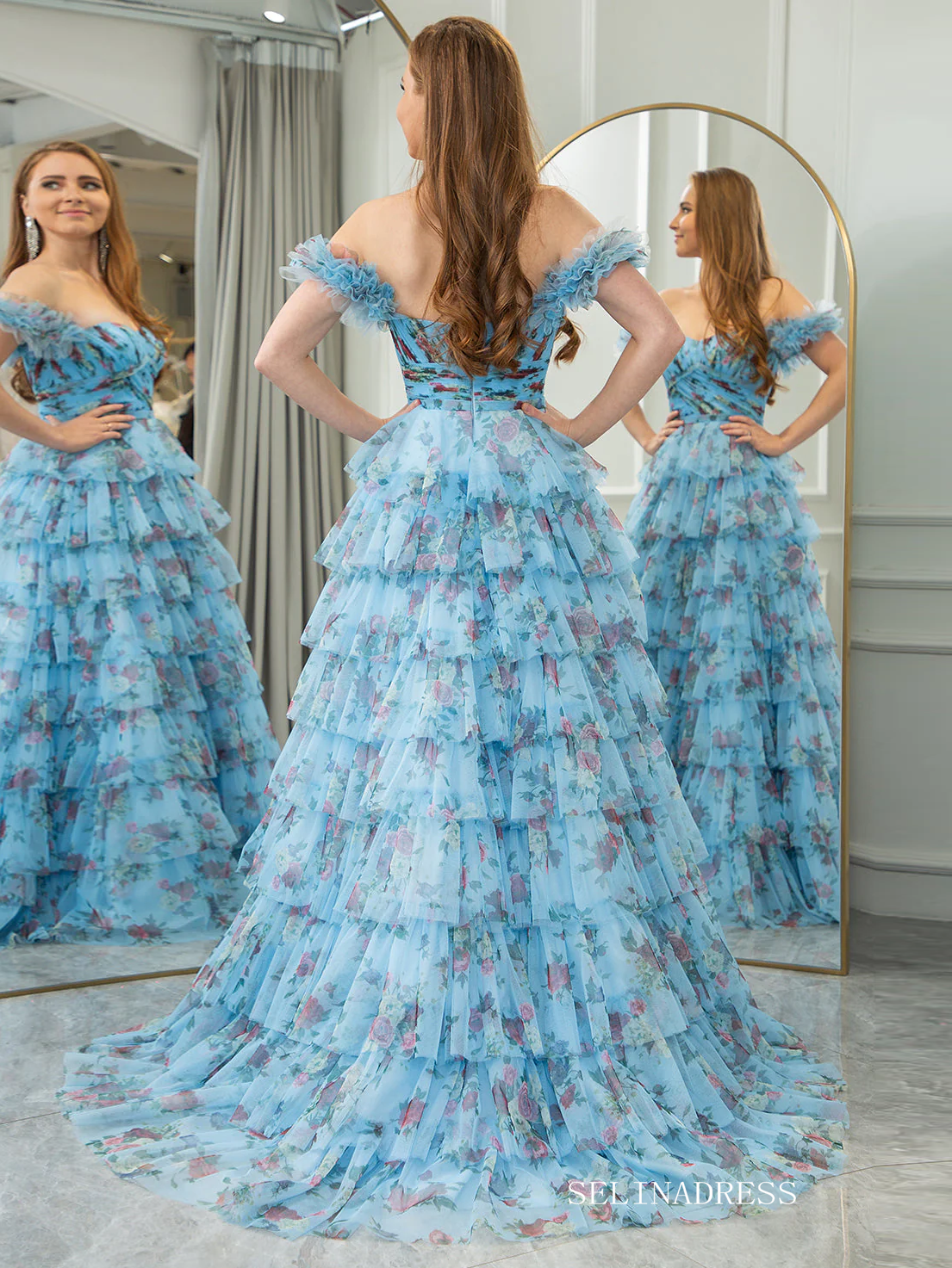 Off Shoulder A-line Blue Ruched Tiered Floral Blue Long Prom Dress lps SELINADRESS Off Shoulder A-line Blue Ruched Tiered Floral Blue Long Prom Dress lps SELINADRESS