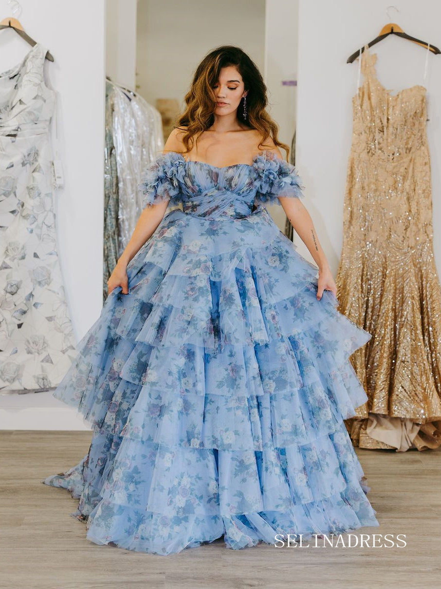 Off Shoulder A-line Blue Ruched Tiered Floral Blue Long Prom Dress lps SELINADRESS Off Shoulder A-line Blue Ruched Tiered Floral Blue Long Prom Dress lps SELINADRESS