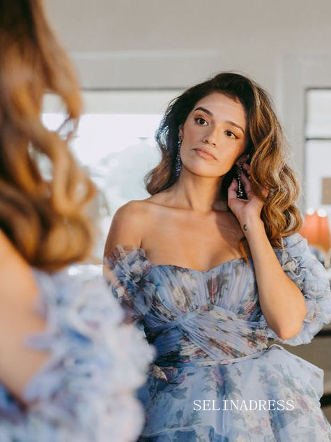 Off Shoulder A-line Blue Ruched Tiered Floral Blue Long Prom Dress lps SELINADRESS Off Shoulder A-line Blue Ruched Tiered Floral Blue Long Prom Dress lps SELINADRESS