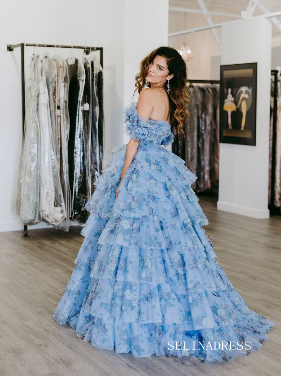 Light Blue Floral Lace A Line Prom Dresses Off the Shoulder Ruffled Lo –  SheerGirl