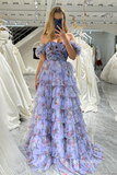 Off Shoulder A-line Blue Ruched Tiered Floral Blue Long Prom Dress lps008|Selinadress