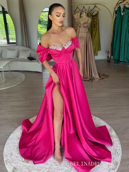 Off Shoulder A-Line Hot Pink Satin Elegant Evening Formal Long Prom Dresses SEW1159|Selinadress