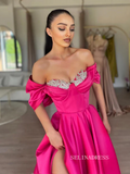Off Shoulder A-Line Hot Pink Satin Elegant Evening Formal Long Prom Dresses SEW1159|Selinadress