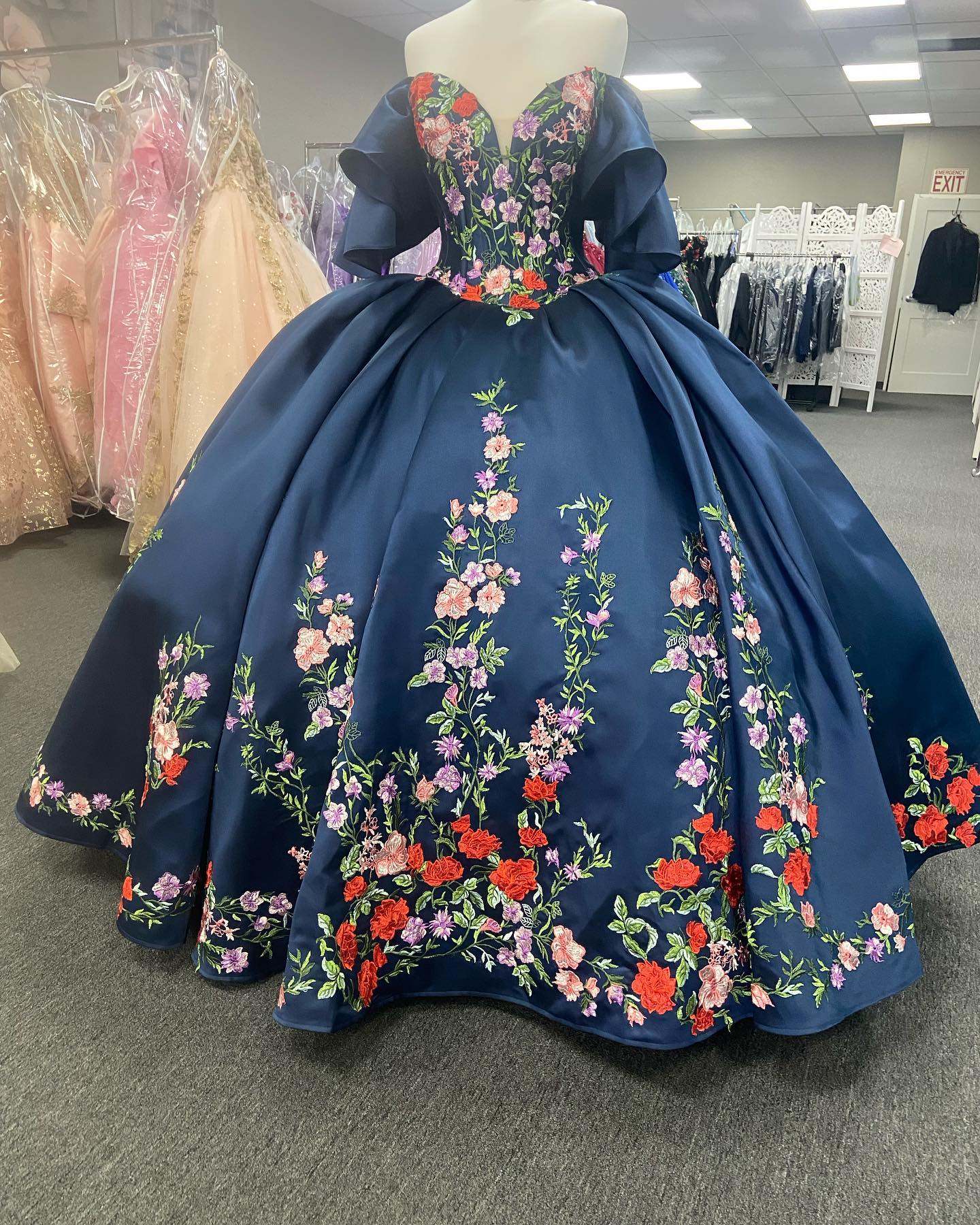 Off Shoulder Navy Embroidery Flower Wedding Dress with Sweep Train Pri SELINADRESS Off Shoulder Navy Embroidery Flower Wedding Dress with Sweep Train Pri SELINADRESS