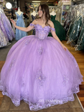 Off Shoulder Lilac Applique Wedding Dress with Sweep Train Princess Evening Gowns sew1095