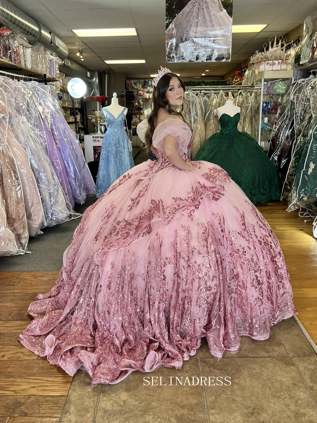 Pink Sweetheart Sparkly Wedding Dress with Detachable Sleeves Princess SELINADRESS Pink Sweetheart Sparkly Wedding Dress with Detachable Sleeves Princess SELINADRESS