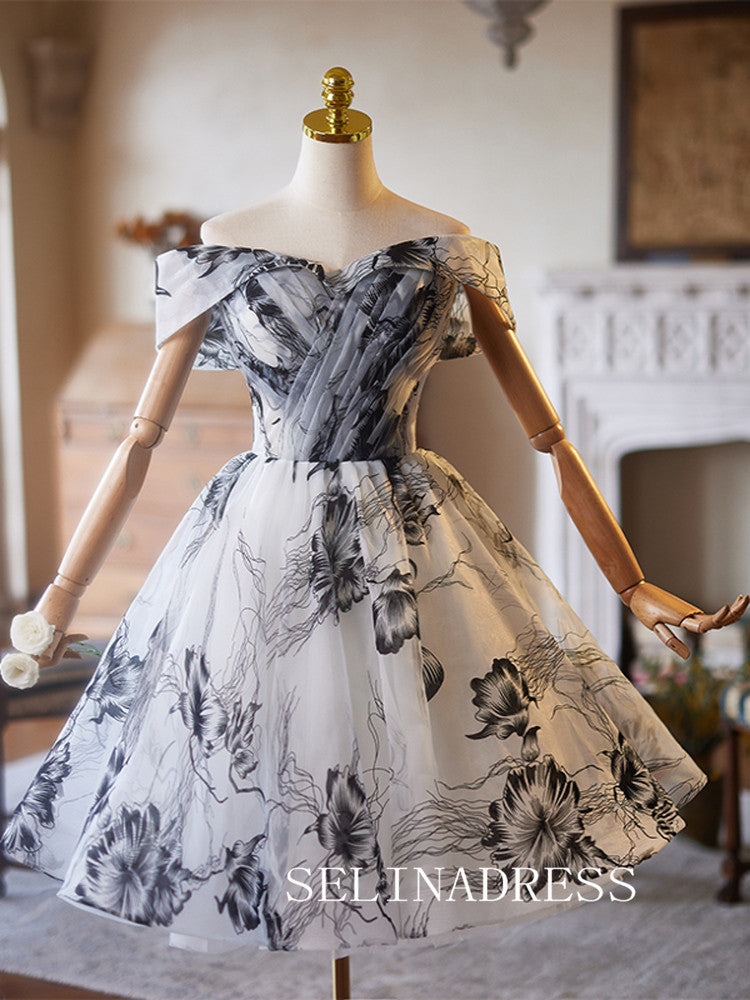 Off-the-shoulder A-line Homecoming Dress Black Flower Cocktail Dresses #ABC015|Selinadress