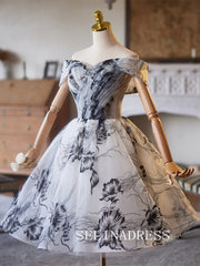 Off-the-shoulder A-line Homecoming Dress Black Flower Cocktail Dresses #ABC015|Selinadress
