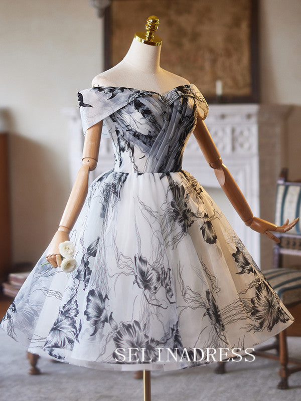 Off-the-shoulder A-line Homecoming Dress Black Flower Cocktail Dresses #ABC015|Selinadress