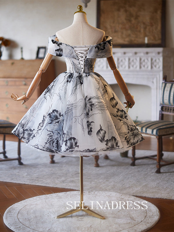 Off-the-shoulder A-line Homecoming Dress Black Flower Cocktail Dresses #ABC015|Selinadress