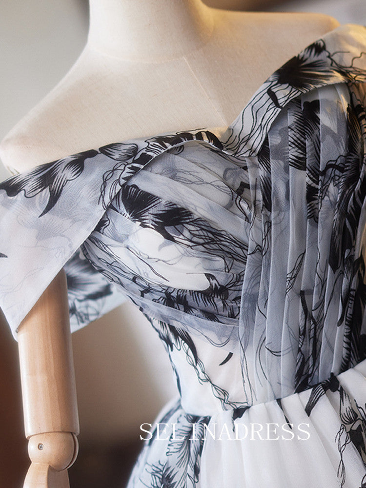 Off-the-shoulder A-line Homecoming Dress Black Flower Cocktail Dresses #ABC015|Selinadress