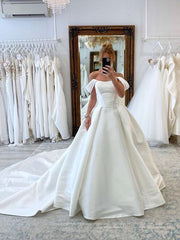 Off-the-shoulder A-line Satin Wedding Dresses Rustic Bridal Gowns CBA029|Selinadress
